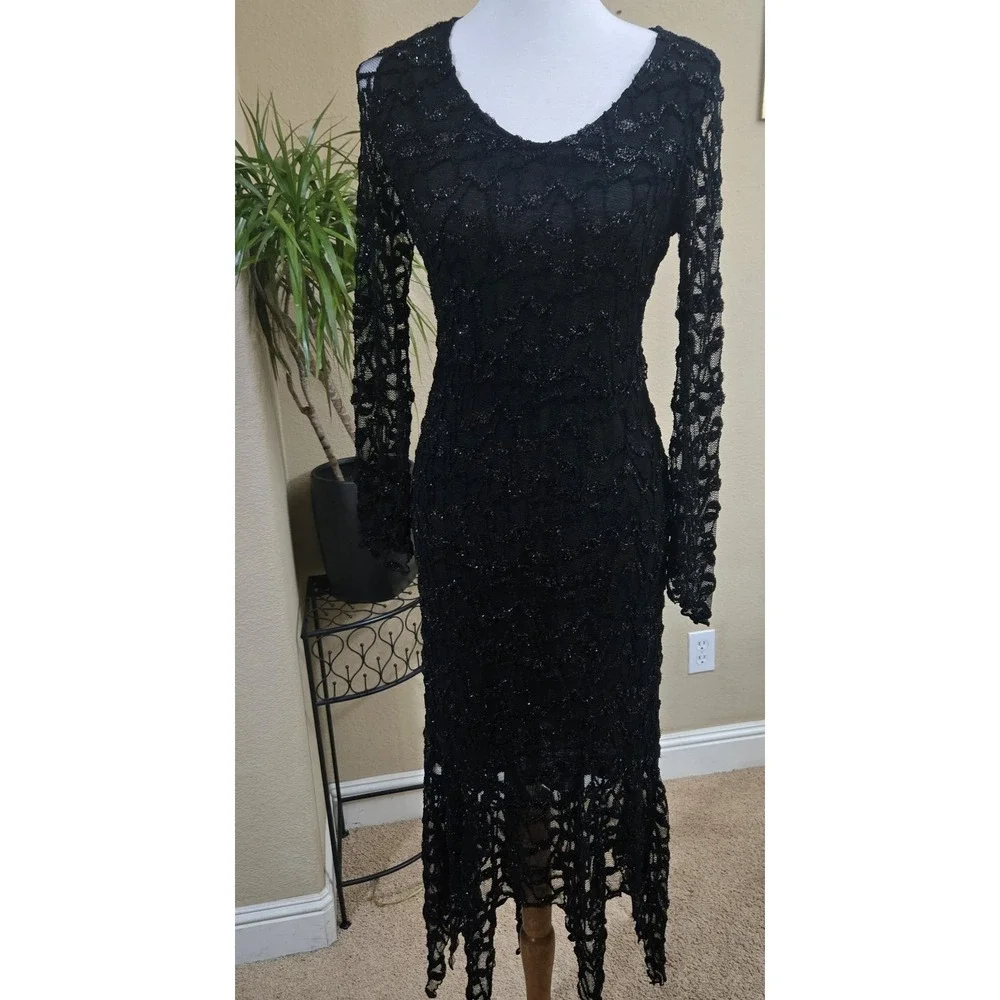 90s Y2K Whimsigoth Sheer Black Dress‎ Lace Romantic Handkerchief Hem Celestial